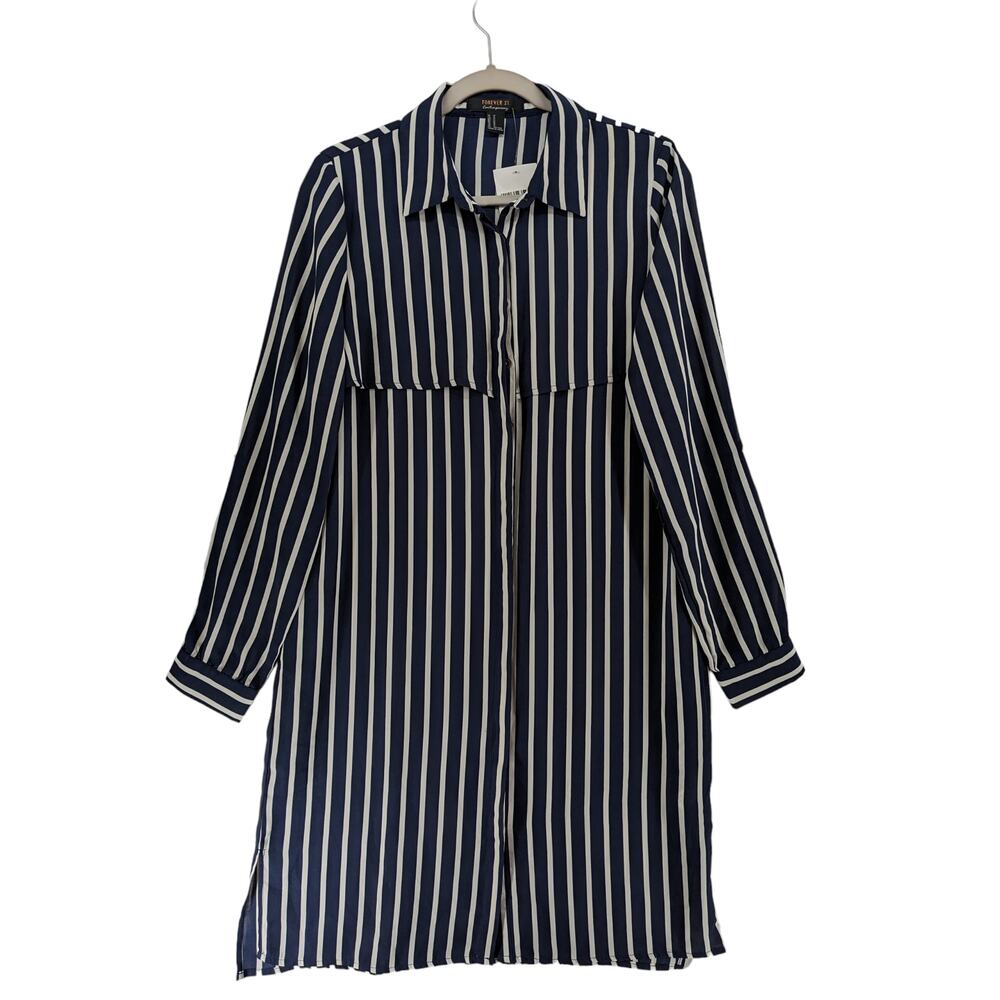 Forever 21‎ Striped Shirt Dress M Navy Knee Length Button Collar Roll Tab Sleeve